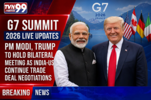 Prime Minister Narendra Modi and US President Donald Trump featured in a TV news-style graphic at the G7 Summit 2026 in France. The image includes red and blue breaking news visuals, G7 branding, international flags, and the TVN99 News logo, highlighting ongoing India-US trade deal negotiations and a scheduled bilateral meeting between the two leaders.