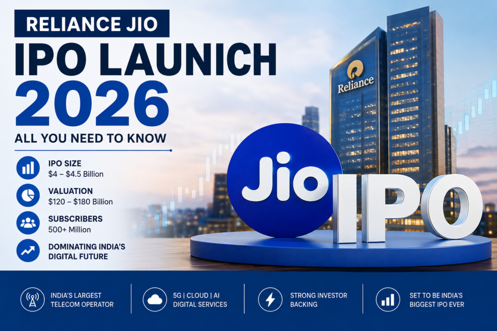 Reliance Jio IPO 2026 infographic showing IPO size, valuation, subscriber base, and key investment highlights against a modern corporate skyline background.