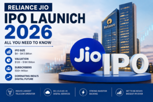 Reliance Jio IPO 2026 infographic showing IPO size, valuation, subscriber base, and key investment highlights against a modern corporate skyline background.