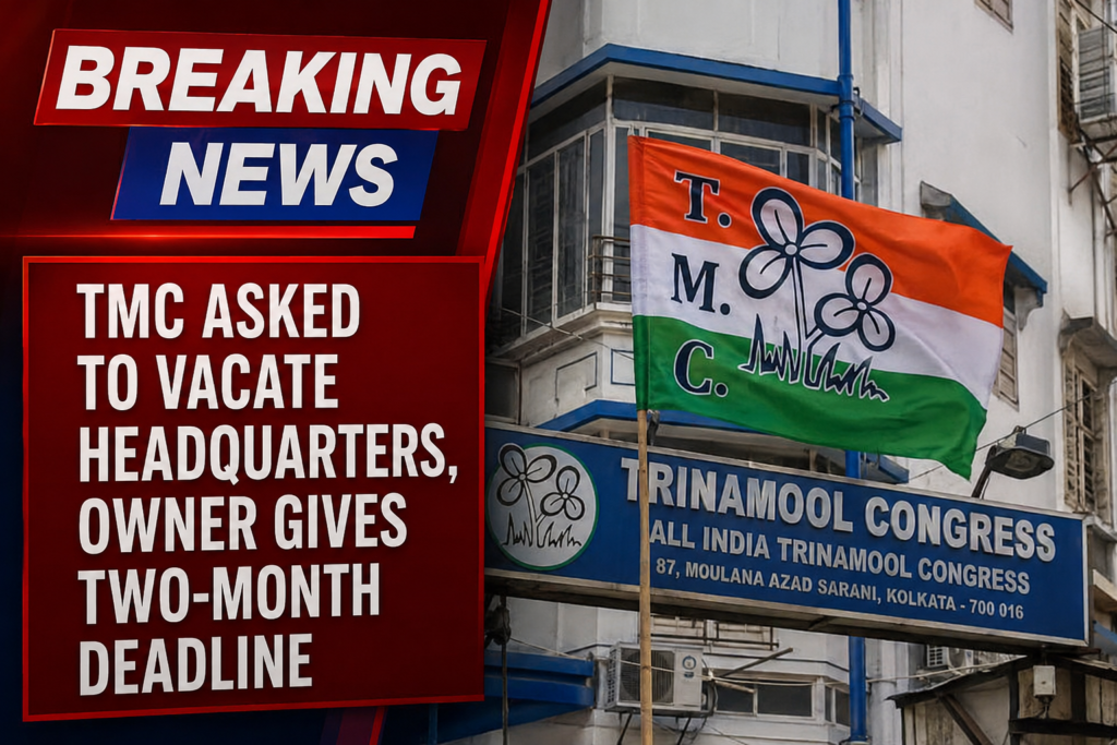Trinamool Congress (TMC) headquarters in Kolkata with party flag as reports emerge of a two-month deadline issued by the property owner to vacate the premises.