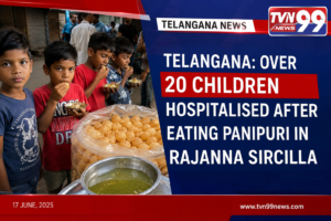 Children standing near a panipuri stall in Rajanna Sircilla, Telangana, following a suspected food poisoning incident that led to the hospitalisation of over 20 children.