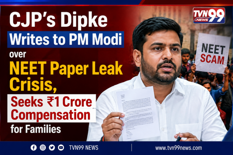 Abhijeet Dipke holding a letter while addressing the NEET paper leak controversy, with a protest backdrop displaying 'NEET Scam' and a TVN99 News graphic highlighting his demand for ₹1 crore compensation for affected families.