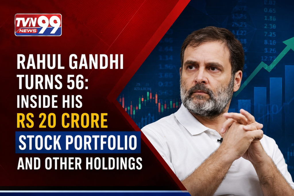 Rahul Gandhi turns 56 with graphic highlighting his ₹20 crore stock portfolio, investments, and other financial holdings against a stock market-themed background.