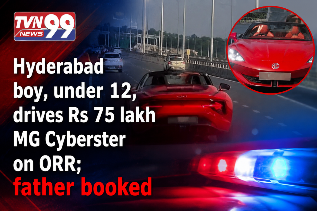 Hyderabad Outer Ring Road incident showing a red MG Cyberster allegedly driven by a boy under 12 years old, with police action leading to the father's booking.