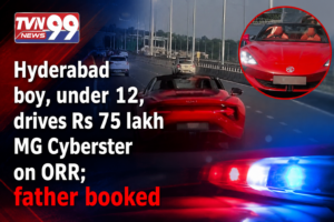 Hyderabad Outer Ring Road incident showing a red MG Cyberster allegedly driven by a boy under 12 years old, with police action leading to the father's booking.