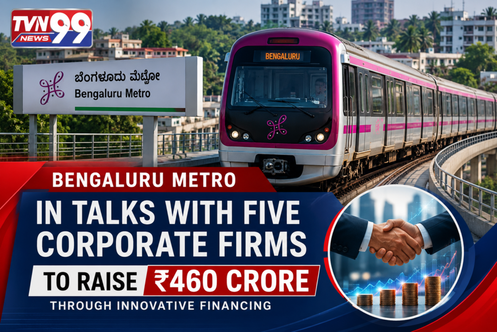 Bengaluru Metro train on elevated tracks with TVN99 News branding and headline announcing talks with five corporate firms to raise ₹460 crore through innovative financing.