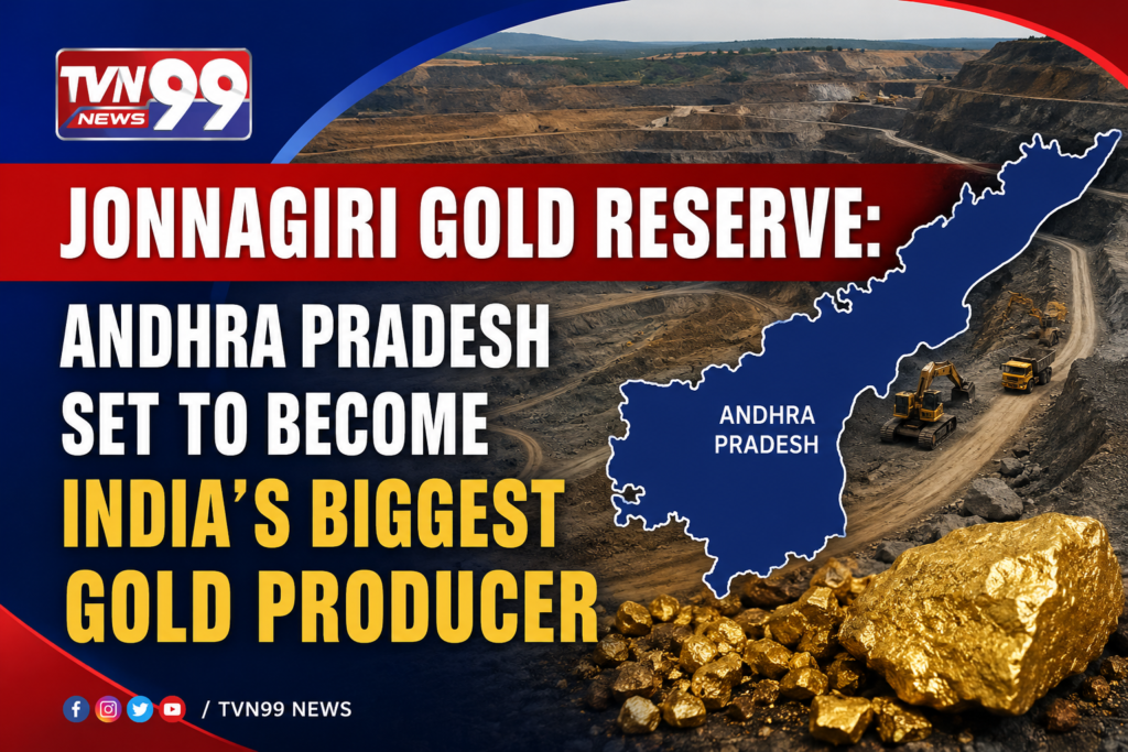 TVN99 News graphic showing the Jonnagiri Gold Reserve project in Andhra Pradesh, featuring a large open-pit gold mine, gold nuggets, and a map of Andhra Pradesh highlighting its potential to become India's largest gold-producing state.