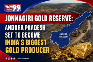 TVN99 News graphic showing the Jonnagiri Gold Reserve project in Andhra Pradesh, featuring a large open-pit gold mine, gold nuggets, and a map of Andhra Pradesh highlighting its potential to become India's largest gold-producing state.