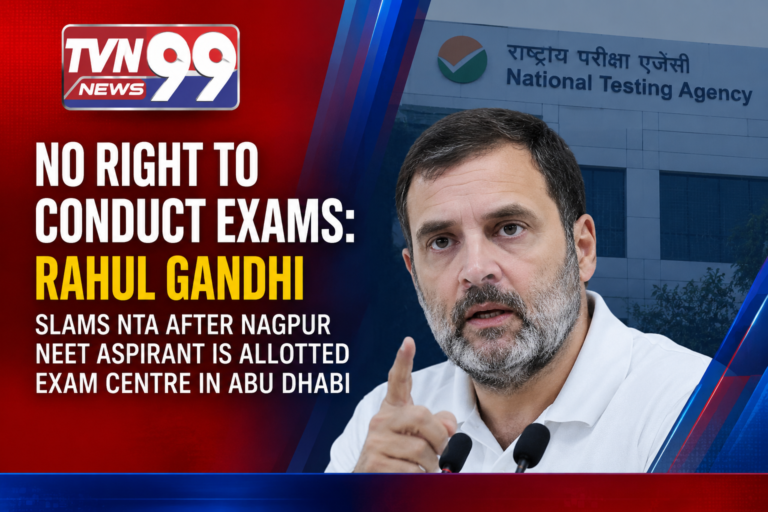 Rahul Gandhi speaking at a press conference with National Testing Agency (NTA) building in the background, criticizing NTA over a NEET aspirant from Nagpur being assigned an exam centre in Abu Dhabi.