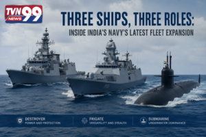 A realistic news-style graphic showing three Indian naval vessels at sea, including a guided missile destroyer, stealth frigate, and submarine, representing India's latest naval fleet expansion. The image features the TVN99 News logo and highlights the strategic roles of each vessel in strengthening India's maritime defense capabilities.