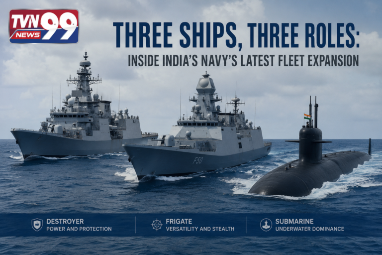 A realistic news-style graphic showing three Indian naval vessels at sea, including a guided missile destroyer, stealth frigate, and submarine, representing India's latest naval fleet expansion. The image features the TVN99 News logo and highlights the strategic roles of each vessel in strengthening India's maritime defense capabilities.