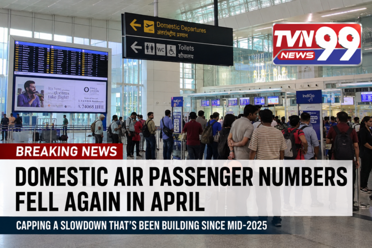 Passengers queue at a busy Indian airport terminal as TVN99 News reports a decline in domestic air passenger traffic during April, highlighting the ongoing slowdown in India's aviation sector since mid-2025.