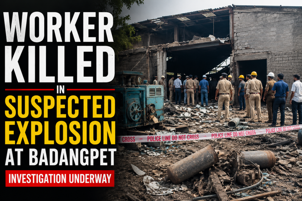 Police officers and emergency personnel inspect a damaged industrial building in Badangpet following a suspected explosion that killed a worker, with debris scattered across the site during the ongoing investigation.