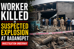 Police officers and emergency personnel inspect a damaged industrial building in Badangpet following a suspected explosion that killed a worker, with debris scattered across the site during the ongoing investigation.