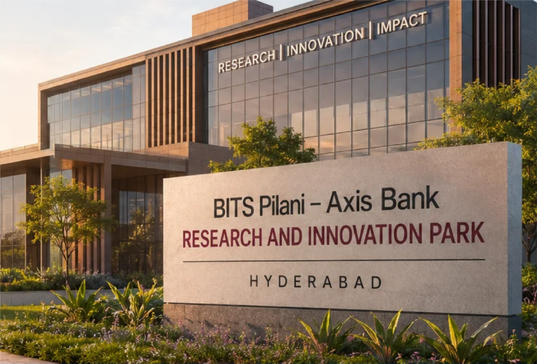 A modern innovation park concept in Hyderabad featuring advanced research facilities, technology labs, healthcare innovation centers, and startup workspaces, highlighting the ₹100 crore collaboration between BITS Pilani Hyderabad Campus and Axis Bank, with TVN99 branding displayed.