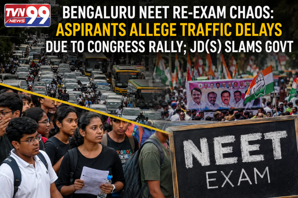 A news-style graphic showing NEET aspirants in Bengaluru amid heavy traffic congestion and a political rally. The image features students carrying exam documents, a crowded city road filled with vehicles, Congress party flags at a rally, and a chalkboard displaying "NEET Exam." The TVN99 News logo appears in the top-left corner, highlighting the controversy surrounding alleged traffic delays during the NEET re-examination.
