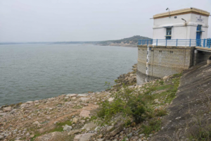 View of Singur Reservoir showing low water levels amid concerns over Hyderabad's drinking water supply and a potential water crisis before September.