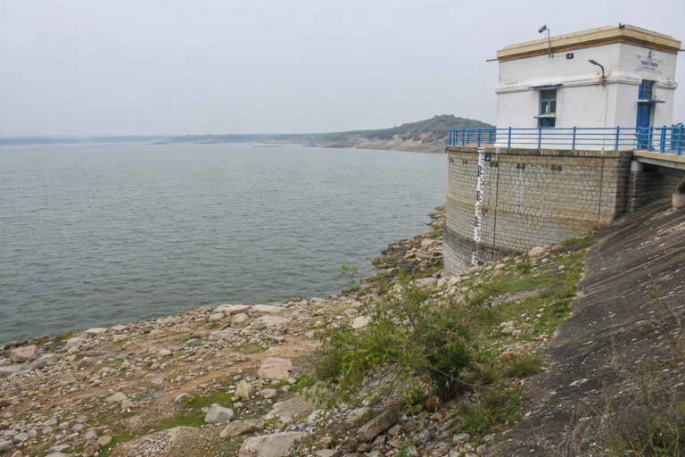 View of Singur Reservoir showing low water levels amid concerns over Hyderabad's drinking water supply and a potential water crisis before September.