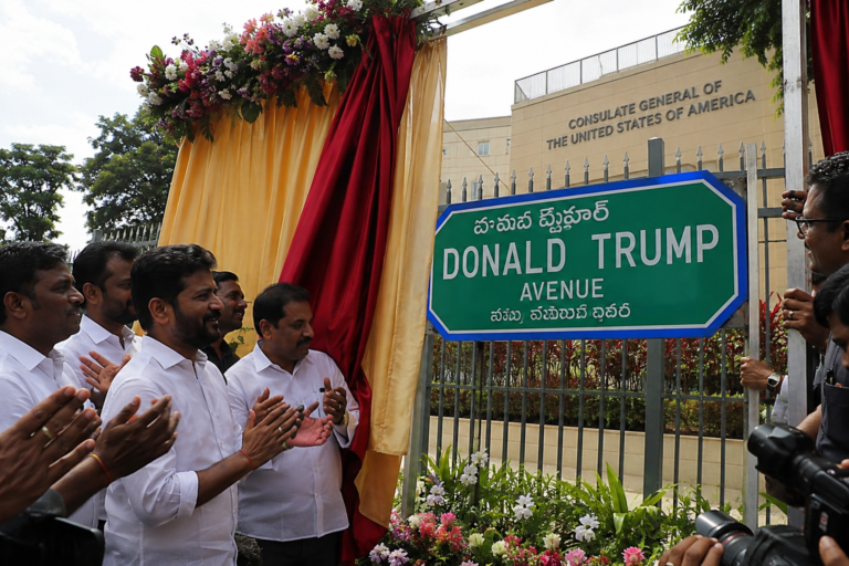 Donald Trump Avenue road sign unveiled in Hyderabad near the US Consulate during an inauguration ceremony on June 23, attended by Telangana officials and media representatives.