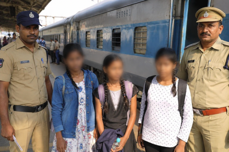 Three minor Hydrabad girls accompanied by the police officers, stand at railways station after being safely traced on a train near Eluru following a coordinated rescue operation. Faces are blurred to protect the identities of the minors.