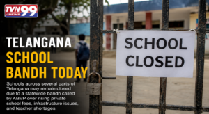Locked school gate with a "School Closed" notice during the Telangana School Bandh, as ABVP calls a statewide protest over rising private school fees, infrastructure concerns, and teacher shortages.
