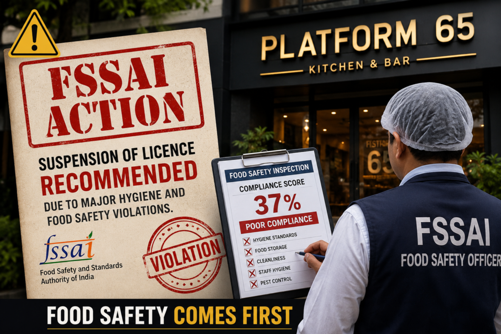 FSSAI food safety officer inspecting Platform 65 restaurant after authorities recommended suspension of its licence due to hygiene violations and a 37% compliance score.