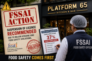 FSSAI food safety officer inspecting Platform 65 restaurant after authorities recommended suspension of its licence due to hygiene violations and a 37% compliance score.