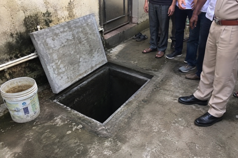 Open water sump at a residential property where a toddler reportedly fell, with officials and residents gathered at the scene.