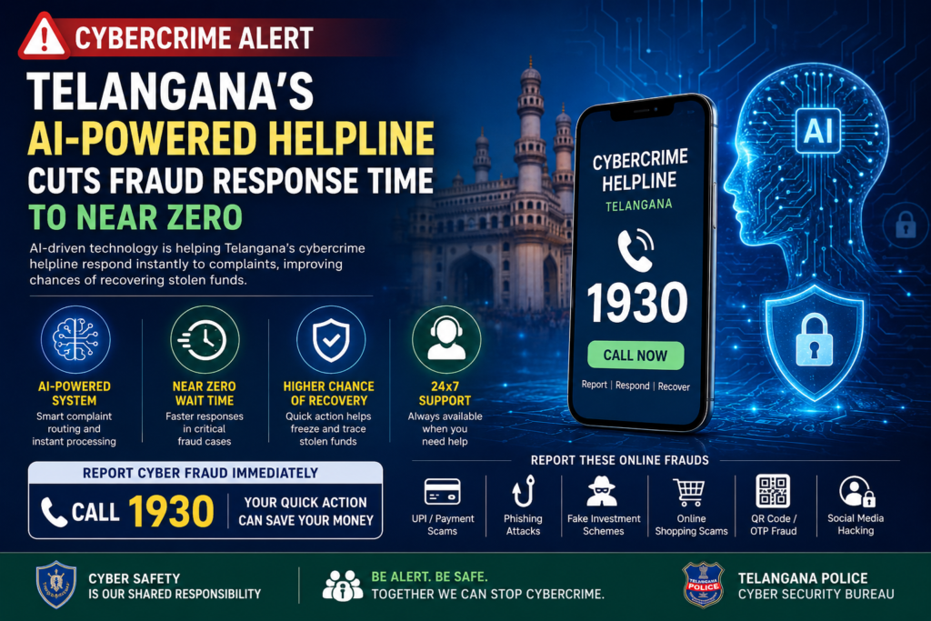 Infographic highlighting Telangana's AI-powered cybercrime helpline 1930, showcasing near-zero waiting times, faster online fraud response, improved fund recovery, and protection against UPI scams, phishing attacks, and digital fraud.