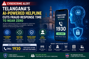 Infographic highlighting Telangana's AI-powered cybercrime helpline 1930, showcasing near-zero waiting times, faster online fraud response, improved fund recovery, and protection against UPI scams, phishing attacks, and digital fraud.