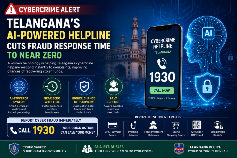 Infographic highlighting Telangana's AI-powered cybercrime helpline 1930, showcasing near-zero waiting times, faster online fraud response, improved fund recovery, and protection against UPI scams, phishing attacks, and digital fraud.