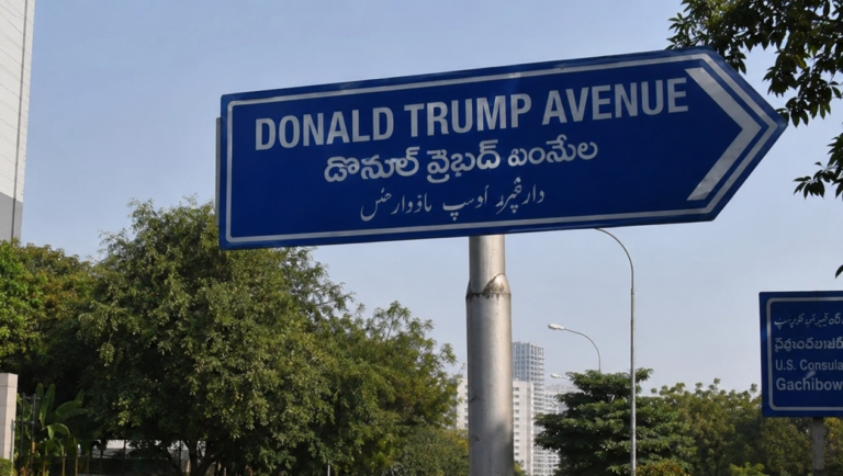 A realistic view of Donald Trump Avenue in Hyderabad near the U.S. Consulate, showing a road sign, urban streetscape, and traffic amid ongoing political discussions over the road's renaming.