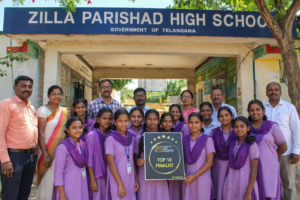 Students and teachers of a Hyderabad government school celebrating after being shortlisted among the Top 10 finalists for the World's Best School Prizes 2026.