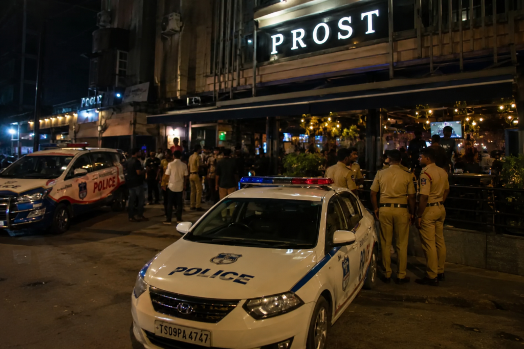 Hyderabad police outside a Raidurgam pub after an alleged gun scare following a dispute between two groups.