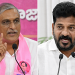 Harish Rao and Chief Minister Revanth Reddy speaking at separate political events in Hyderabad, highlighting the intensifying political rivalry in Telangana.