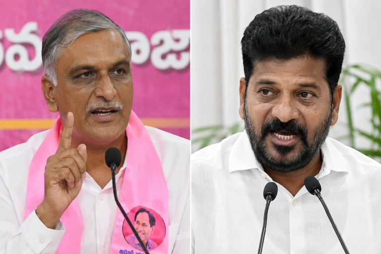 Harish Rao and Chief Minister Revanth Reddy speaking at separate political events in Hyderabad, highlighting the intensifying political rivalry in Telangana.