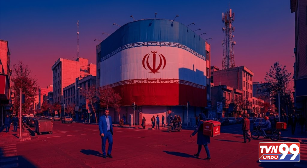 Realistic news graphic showing Iran and United States flags facing each other against a red and blue geopolitical backdrop, symbolizing upcoming diplomatic negotiations and Iran's red lines ahead of critical talks, featuring TVN99 branding.