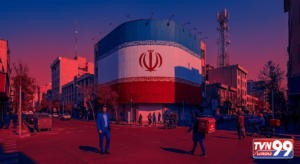 Realistic news graphic showing Iran and United States flags facing each other against a red and blue geopolitical backdrop, symbolizing upcoming diplomatic negotiations and Iran's red lines ahead of critical talks, featuring TVN99 branding.