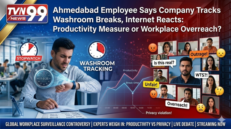 Employee working at an office desk while checking a workplace notification, representing the viral Ahmedabad workplace surveillance controversy where an employee claimed the company monitored washroom breaks, sparking debate about employee privacy and workplace culture.
