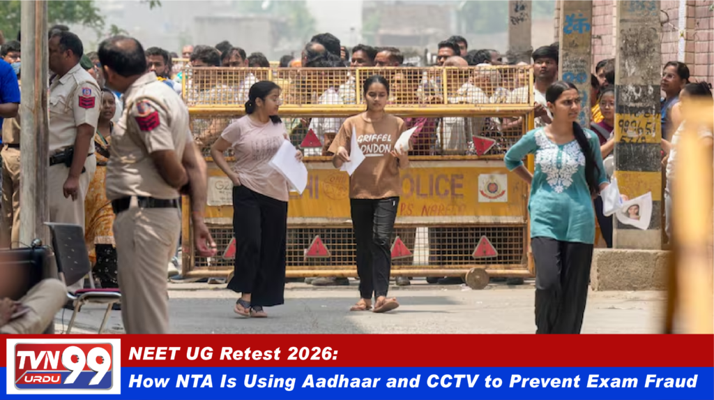 Students undergoing Aadhaar-based biometric verification at a NEET UG examination center under CCTV surveillance as NTA deploys extensive security measures for the retest.