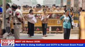 Students undergoing Aadhaar-based biometric verification at a NEET UG examination center under CCTV surveillance as NTA deploys extensive security measures for the retest.