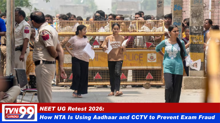 Students undergoing Aadhaar-based biometric verification at a NEET UG examination center under CCTV surveillance as NTA deploys extensive security measures for the retest.